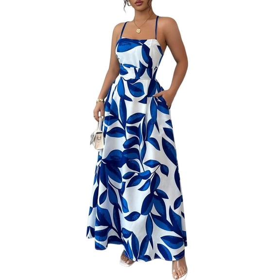 Women Leaf Print Spaghetti Strap Square Neck A-Line Maxi Dress Blue S