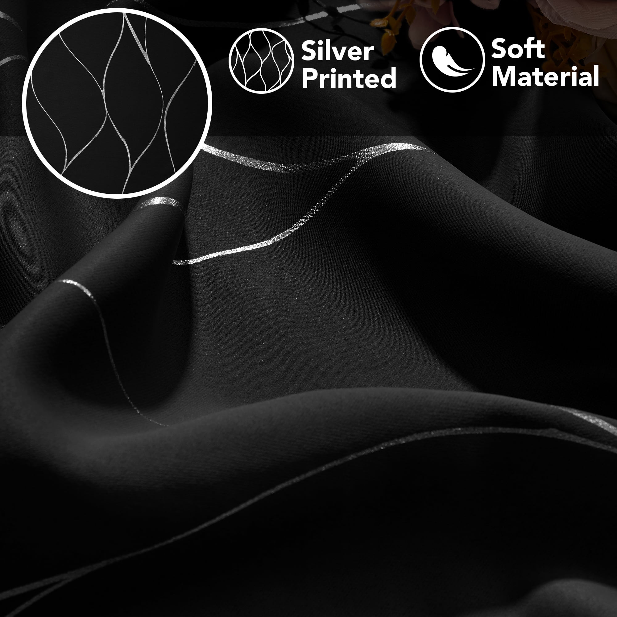 Deconovo Blackout Curtains Silver Wave Foil Print for Living Room, 52x63 inch, 2 Panels, Black