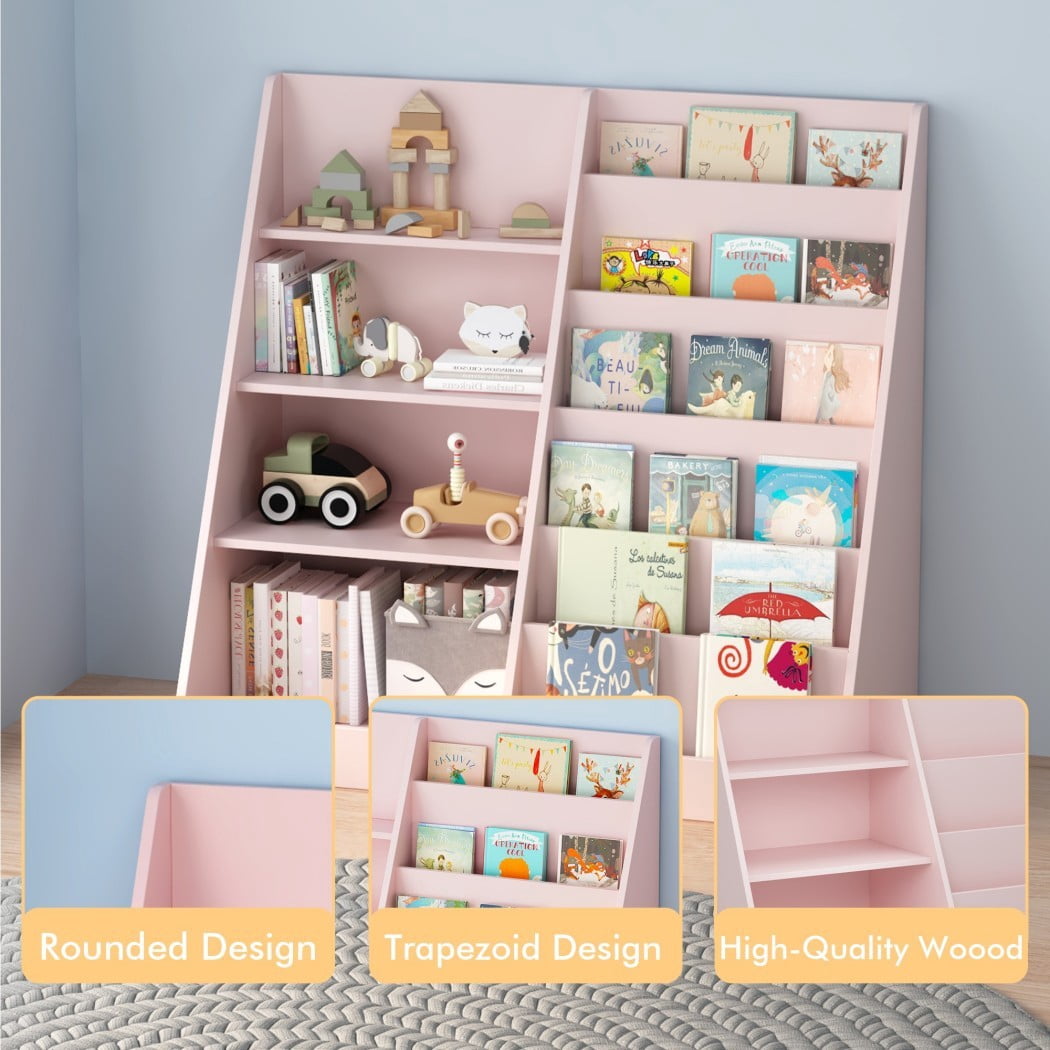 Kids Bookshelf and Toy Storage Organizer, Wooden Kids Bookcase with Multi-Level Shelves & Toy Storage, Children's Book Display Stand for Playroom, Nursery & Kids Room, Pink