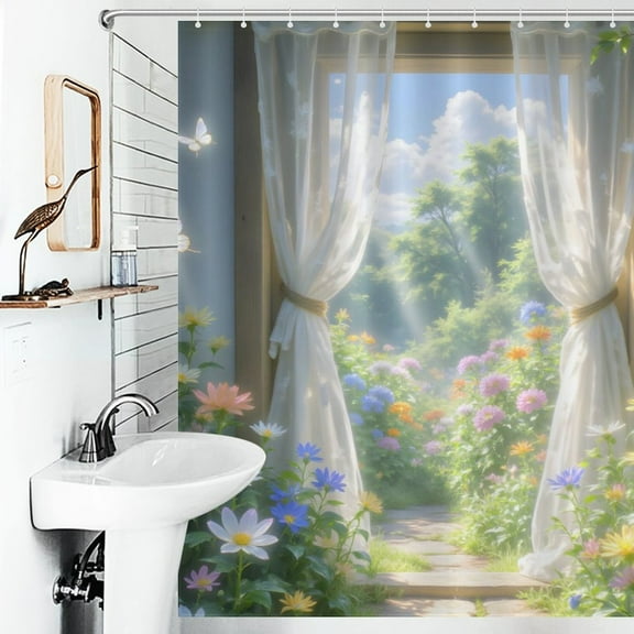 Garden Print Shower Curtain Art Style Bathroom Decor Shower Curtain with 12 Hooks,66inx72in