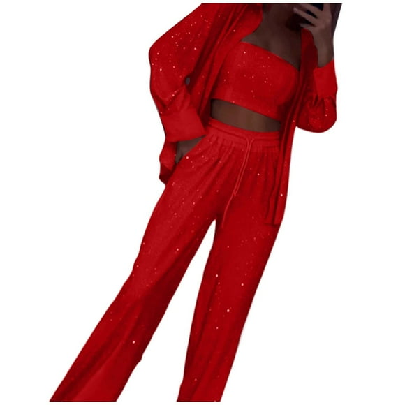 Loose Casual Sequin Platform Pant Three Piece Women'S Trousers Suit Red L