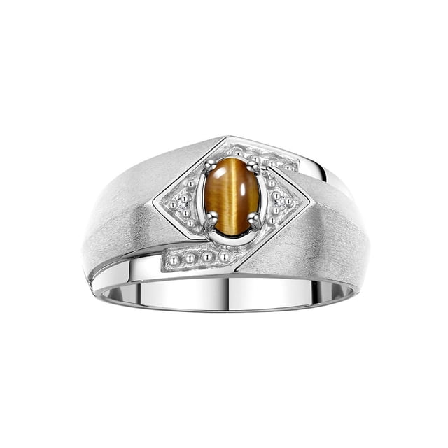 RYLOS Mens Rings 14K White Gold Ring 6X4MM Oval Shape Gemstone & Diamond Ring Tiger Eye November Birthstone Rings For Man Gold Rings Size 12