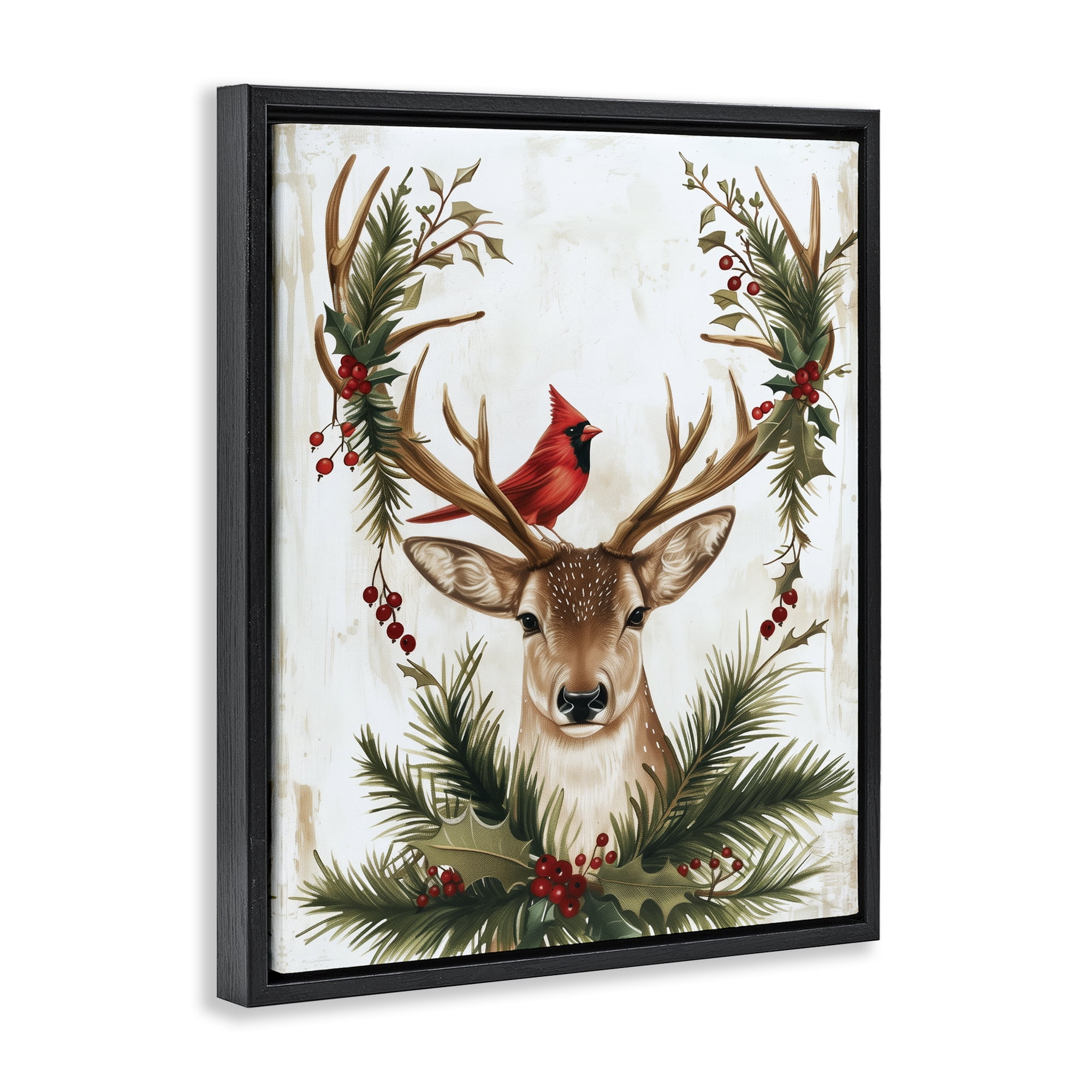 Stupell Industries Cardinal & Deer with Festive Flora Black Framed Floater Canvas Wall Art, design by Acorn & Ivory Designs