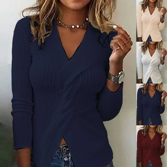 Karight Women's Criss Cross Sweaters Fashion Wrap V Neck Long Sleeve Ribbed Knit Pullover