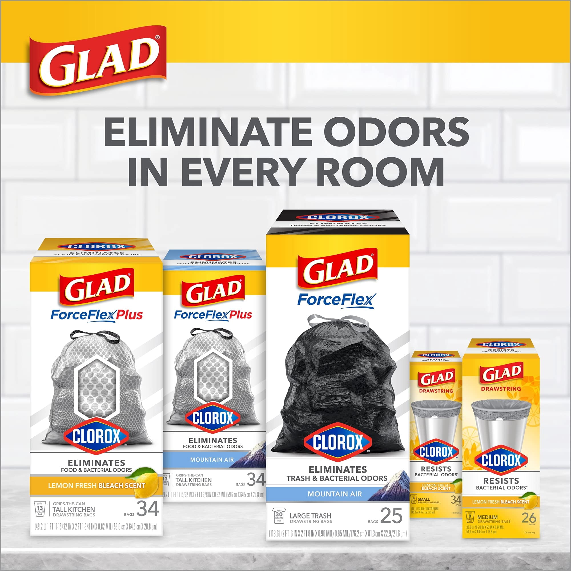 Glad Tall Kitchen Trash Bags ForceFlexPlus,13 Gallon, Mountain Air, 34 Bags