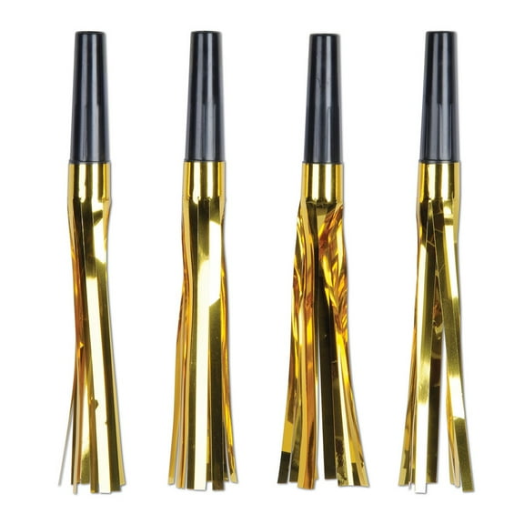 Beistle Club Pack of 96 Black and Metallic Gold Fringed Squawker Noisemakers 6"