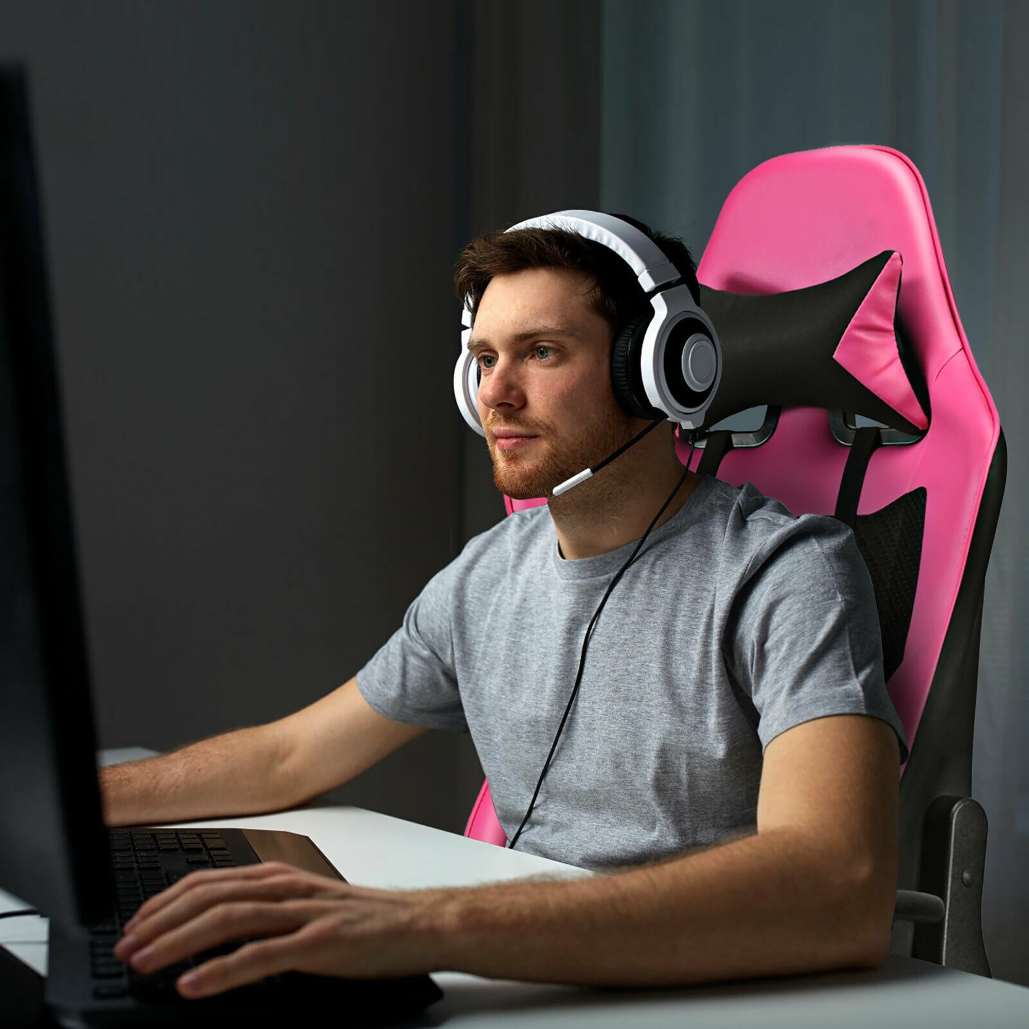 Costway Massage Gaming Chair Reclining Racing Office Computer Chair with Footrest Pink