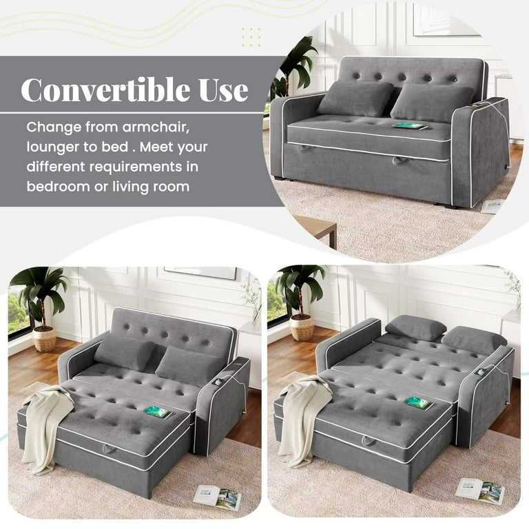 Convertible Sofa Bed Modern Pull Out Sleeper With 2 Pillows And Adjule Backrest Linen Upholstered Living Room Thicken Seat Cushion Armrest Gray Com