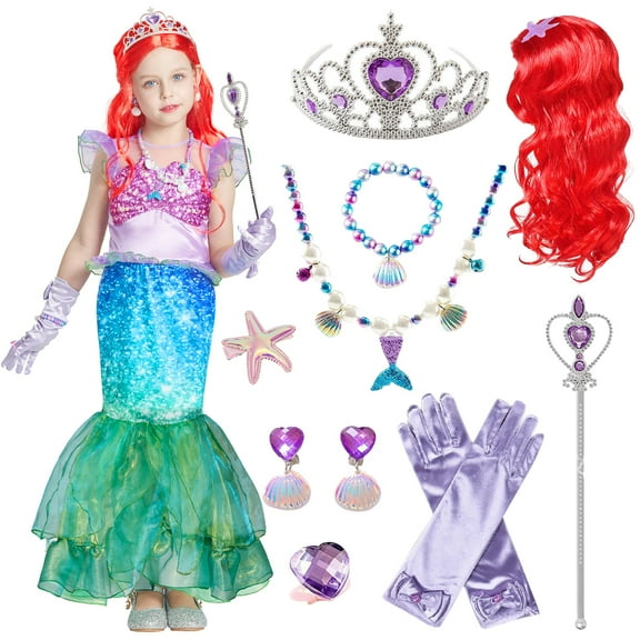 Girls Princess Costume, Mermaid 10 Pcs Dress Up Deluxe Outfit with Red Wig for Little Kids Party Birthday 3-4 Years