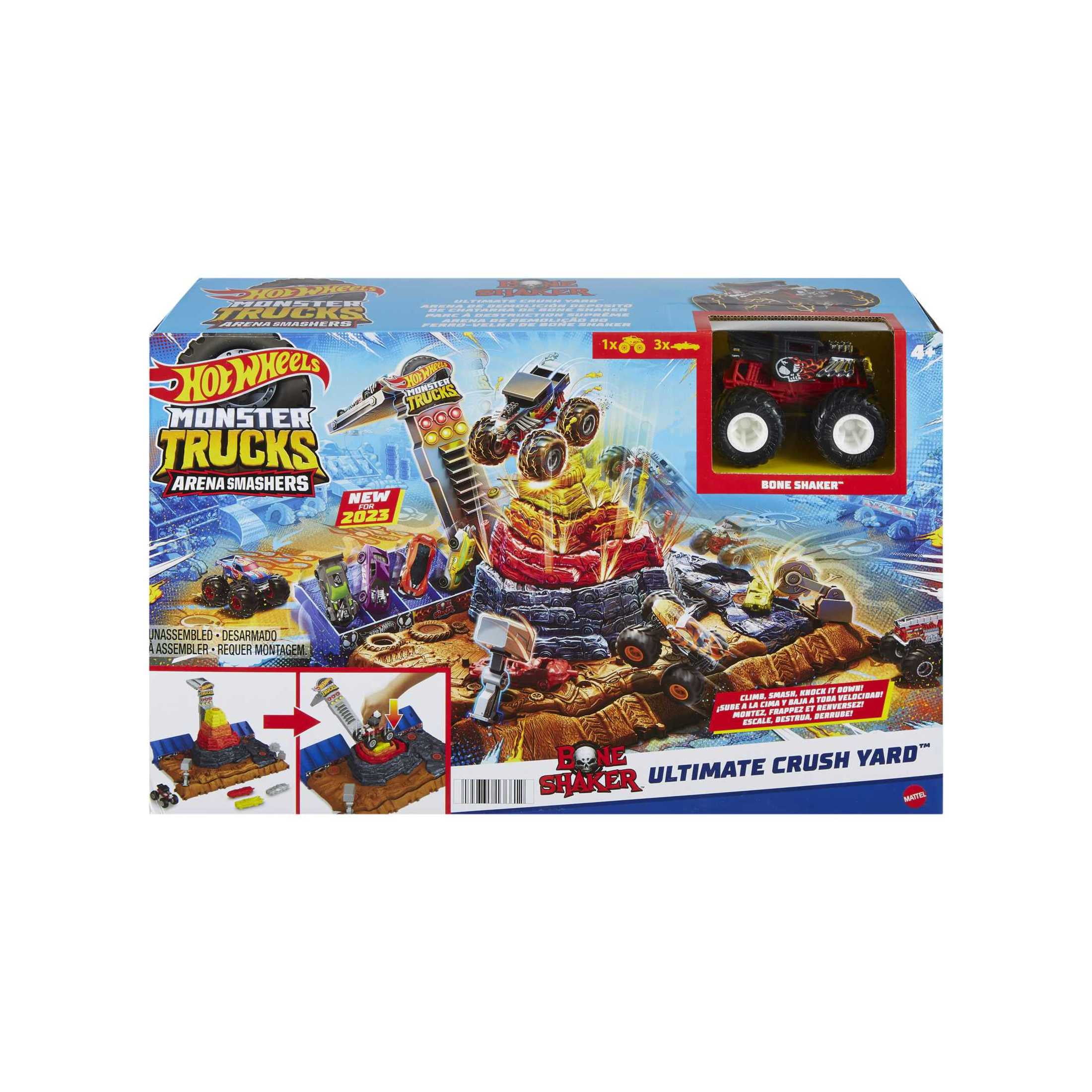 Hot Wheels Monster Trucks Bone Shaker Ultimate Crush Yard Playset, 1 Toy Truck & 3 Crushable Cars