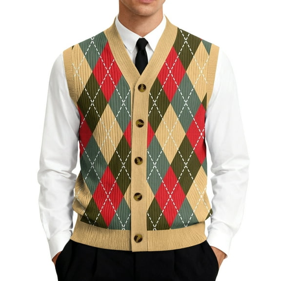 Domzest Men Cardigan Sweater Tailored Fit Sleeveless V Neck Sweater Vest Comfort Checkered Print Button Up Sweaters Autumn Trendy Knit Cardigan Vests Yellow 5XL