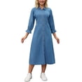 thumbnail image 1 of Vestido de mezclilla para mujer Inspire Chic, ajuste holgado, manga 3/4, con botones, midi, color azul, 1 of 6