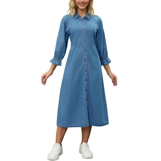 Vestido de mezclilla midi de mujer Inspire Chic, de corte holgado, con botones y mangas 3/4, color azul