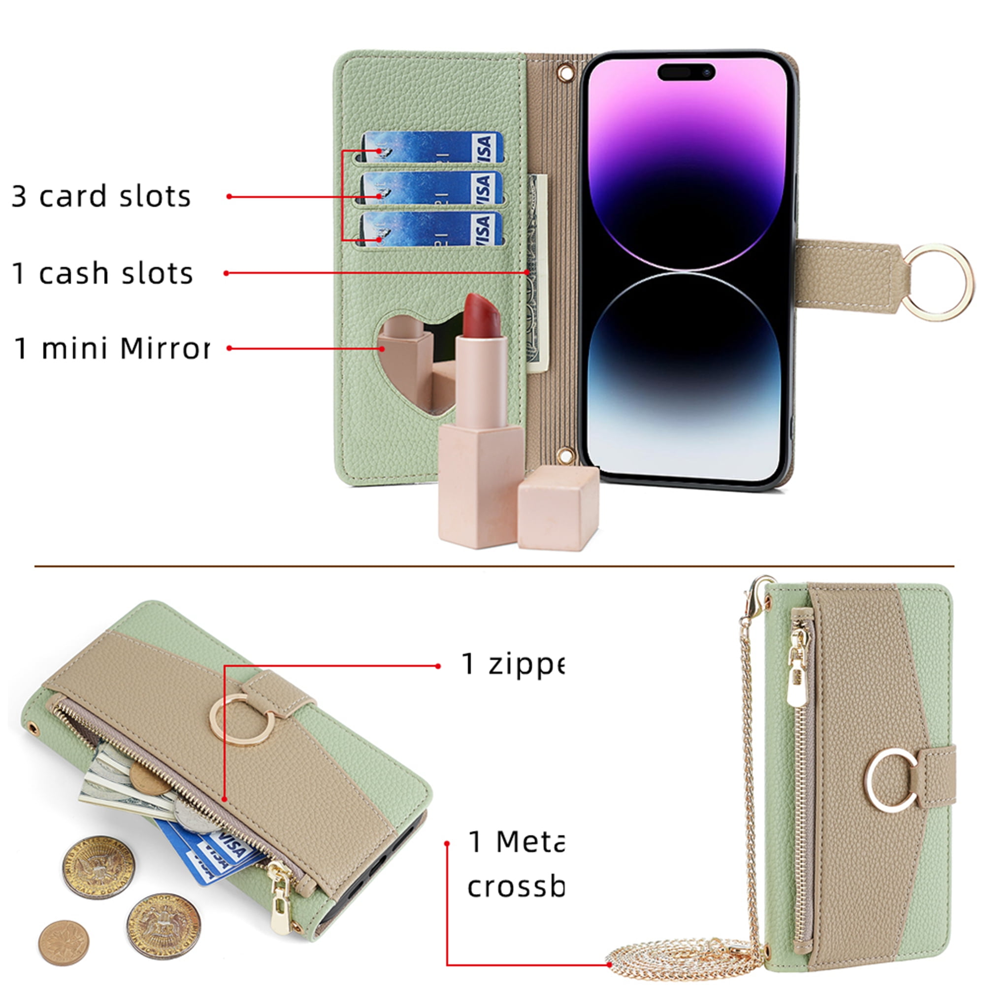 Dteck Crossbody Wallet Case for iPhone 14 Pro Max, Premium Color-Blocking PU Leather Zipper Purse with Card Holder Mini Mirror for Women Girls, Folio Flip Phone Case with Magnetic Closure,Green
