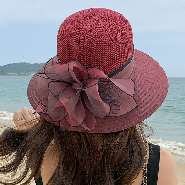 Disimlarl Big Flower Sun Hats For Women Beach Beige Organza Tea Party Hat  Ladies Church Derby Wide Fedoras : : Fashion