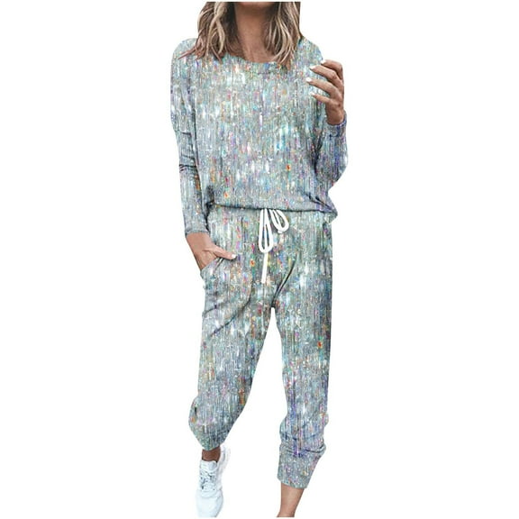 QQAMB Women Two-piece Sets Crewneck Sequin Printed Long Sleeve Sweatshirt and Long Pants Sweatsuit