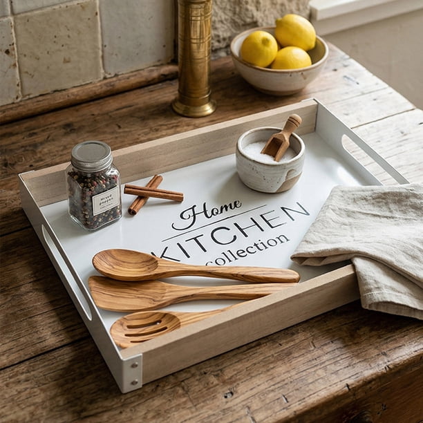 Wooden Serving Tray With Metal Handles Kitchen Decorative Tray For Coffee Table