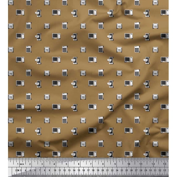 Soimoi Brown Silk Fabric Phone,Calculator & Monitor Hardware Fabric Prints By Yard 42 Inch Wide