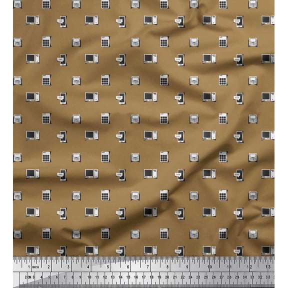 Soimoi Brown Poly Georgette Fabric Phone,Calculator & Monitor Hardware Fabric Prints By Yard 42 Inch Wide