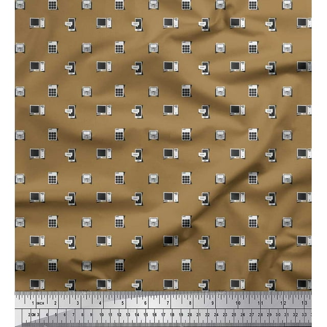 Soimoi Brown Poly Georgette Fabric Phone,Calculator & Monitor Hardware Print Fabric by the Yard 52 Inch Wide