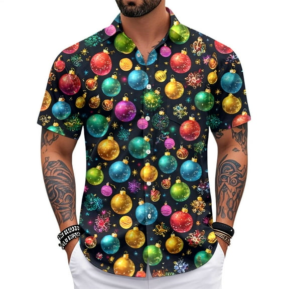 Christmas Hawaiian Shirts for Men Christmas Ball Funny Fashion Holiday Shirt Loose Fit Casual Clothes for Daily Wear