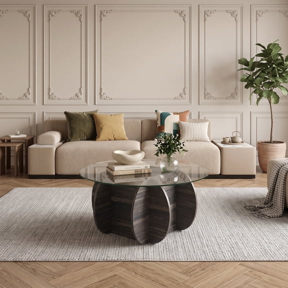 35" Modern Round Coffee Table with Tempered Glass Top and Solid Wood Base, Unique Circle Center Table for Living Room,Black