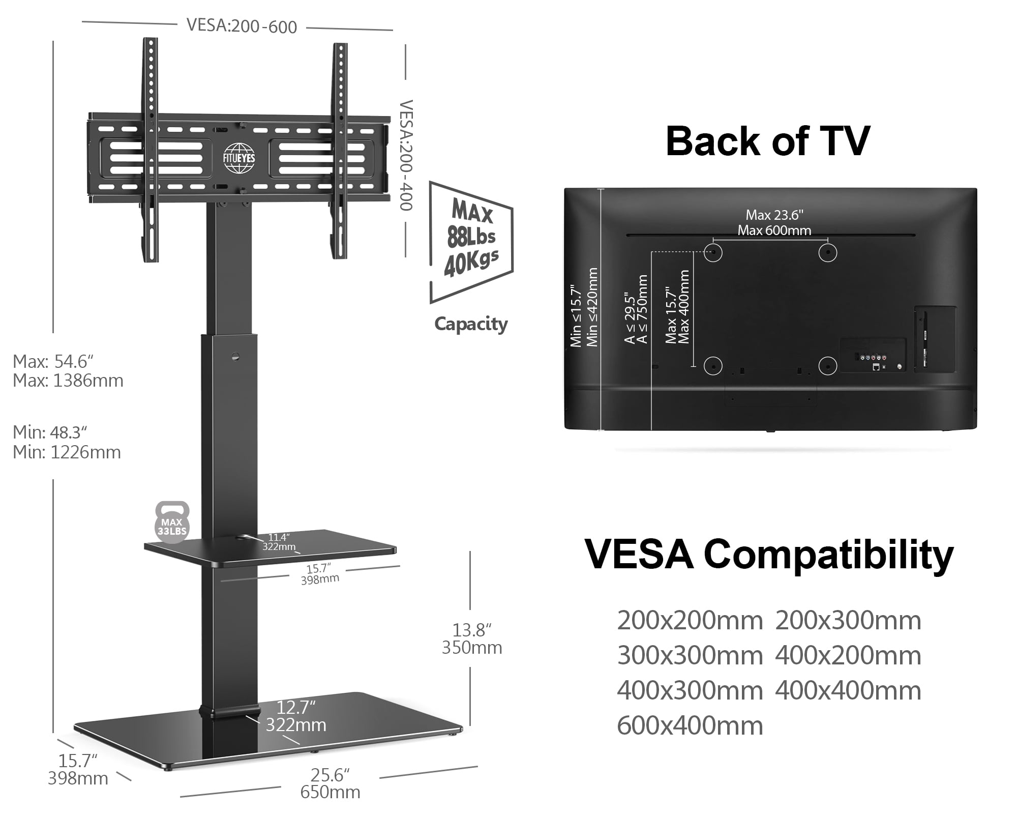 FITUEYES Universal Swivel Floor TV Stand for 65 Inch TV, Television Stands with Tempered Glass Base Black TV Stand for Bedroom, Modern Room, School, Hotel