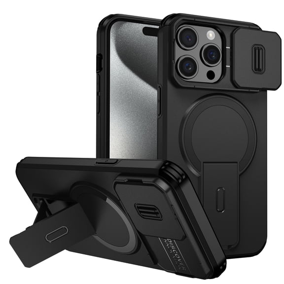 Lunvic Case for iPhone 15 Pro Max, Slide Camera Lens Cover, Invisible Hidden Kickstand, Magnetic Wireless Charging Compatible, Dual Layer PC TPU Cover, Black