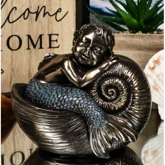 Ebros Merbaby Sleeping In Nautilus Shell Bed Figurine 3.5" L Small Mermaid Baby