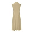 thumbnail image 5 of Linen Trendy Dresses for Women 2025 Business V Neck Lapel Collared Full Button Down Gauze Dresses Sleeveless Pleated Work Maxi Dresses Khaki XXL, 5 of 6