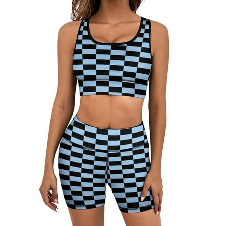 Black Aqua Yellow Checkerboard Pattern Working Out Sets for Women Workout Outfits for Women 2 Piece Women Sport Crop Top Short Set Yoga