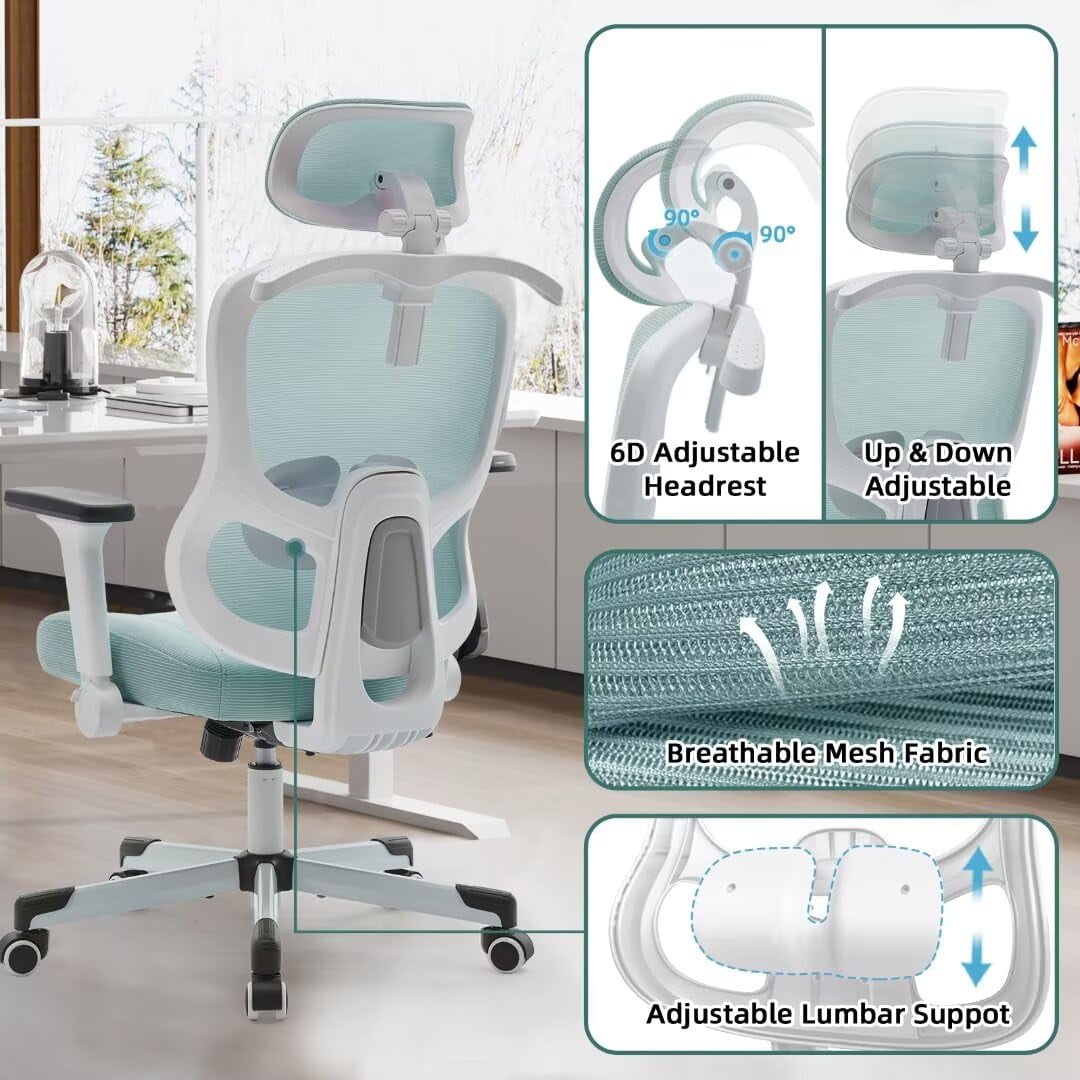 Frelaxbone Adult Mesh High Back Indoor Residential Adjustable Armrest Office Chairs, Caster, Blue