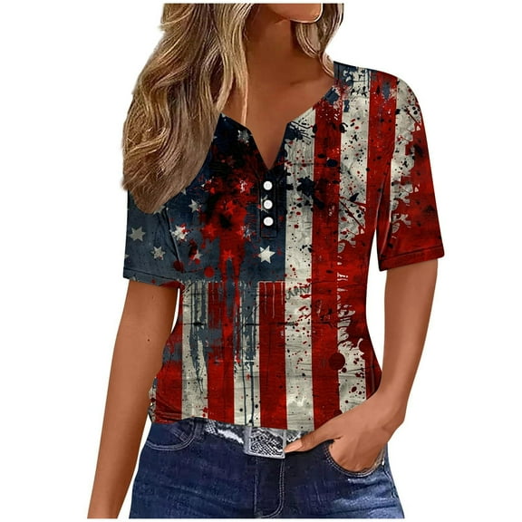 Save Womens Independence Day T Shirts Retro American Flag Printed T-Shirts Henley Neck Tee Short Sleeve Tops Front Button-Up T-Shirts 4Th of July Patriotic T-Shirts Lounge Dressy Blouses 2025 Clothes