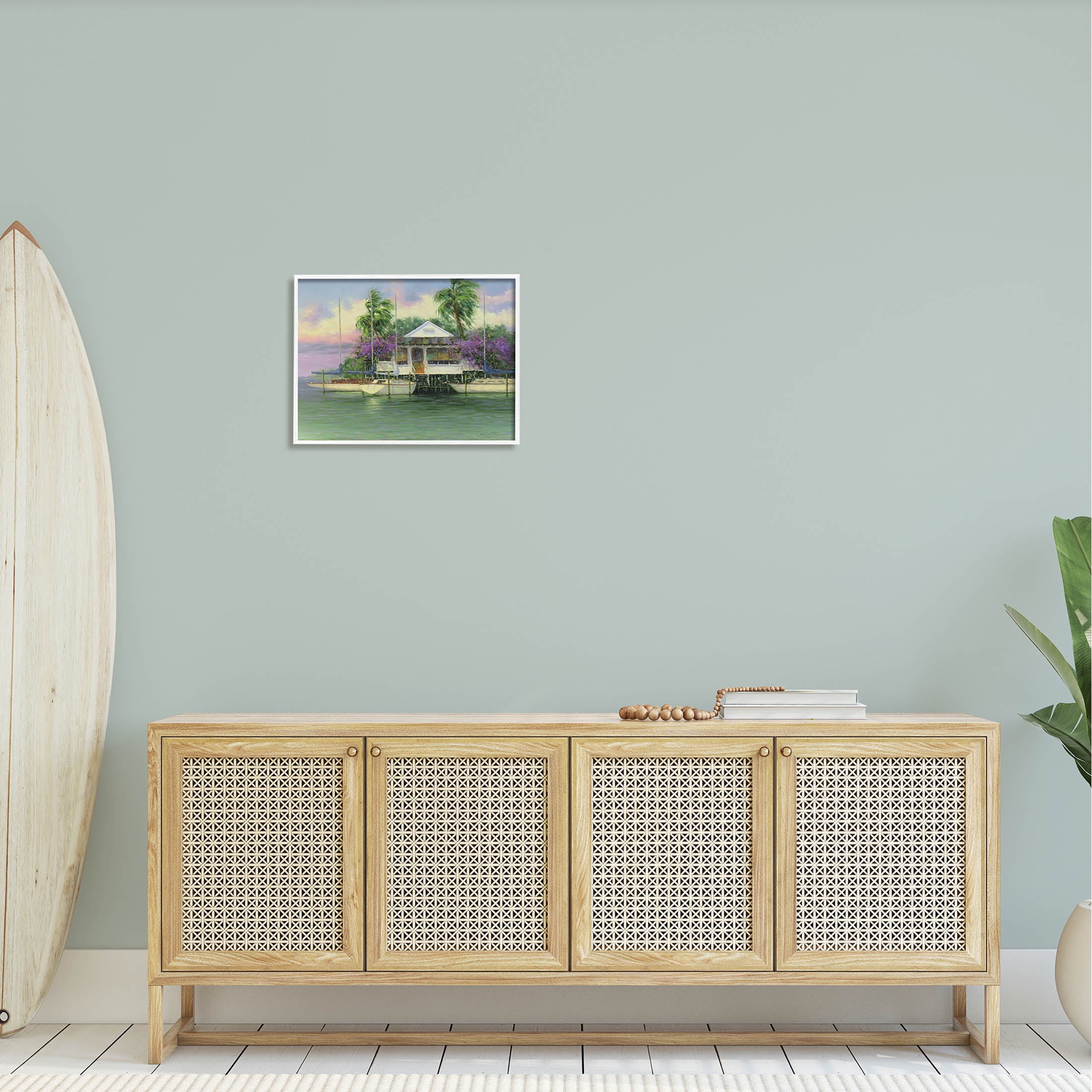 Coastal Boat Dock Tropical Palms Landscape Painting White Framed Art Print Wall Art