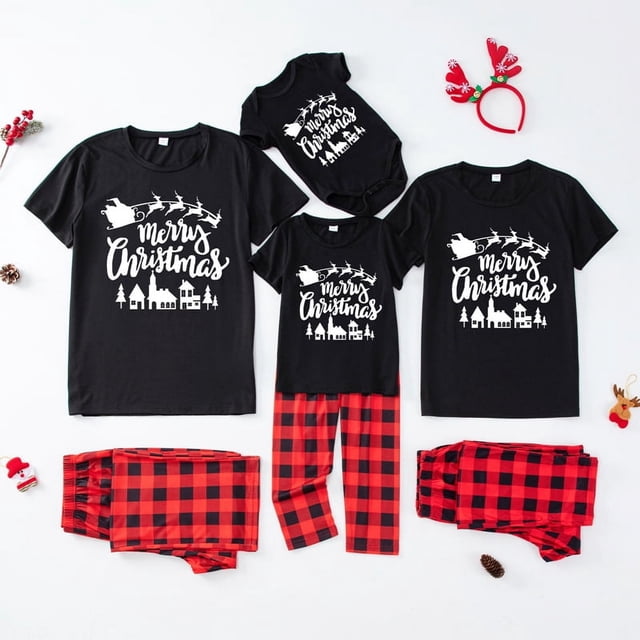 Conjunto de pijamas navideños familiares con estampado de dibujos animados de árbol de Papá Noel, camiseta de manga corta y pantalones largos, 2 piezas, para adultos y niños, fiesta navideña