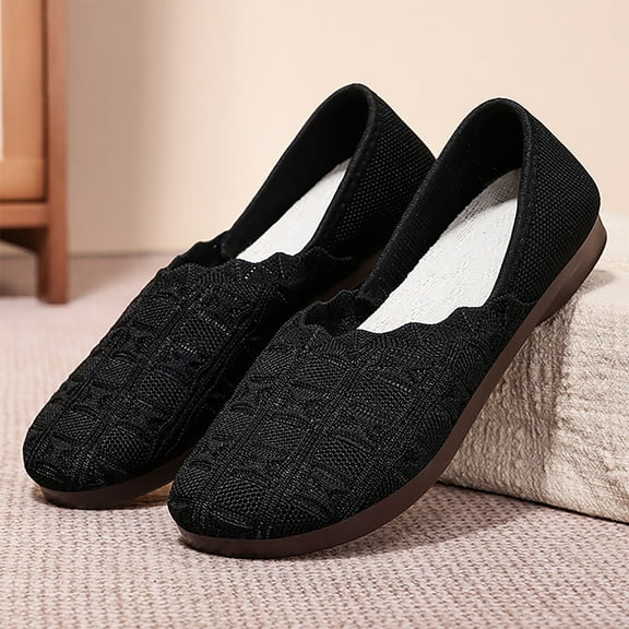 XIMIN Women’s Ballet Wide Width Flat Shoes Dress Shoes Knit Round Toe Slip On Ballerina Walking Flats Shoes Low Wedge Casual Fashion Comfortable Footwear (7.5, Black)