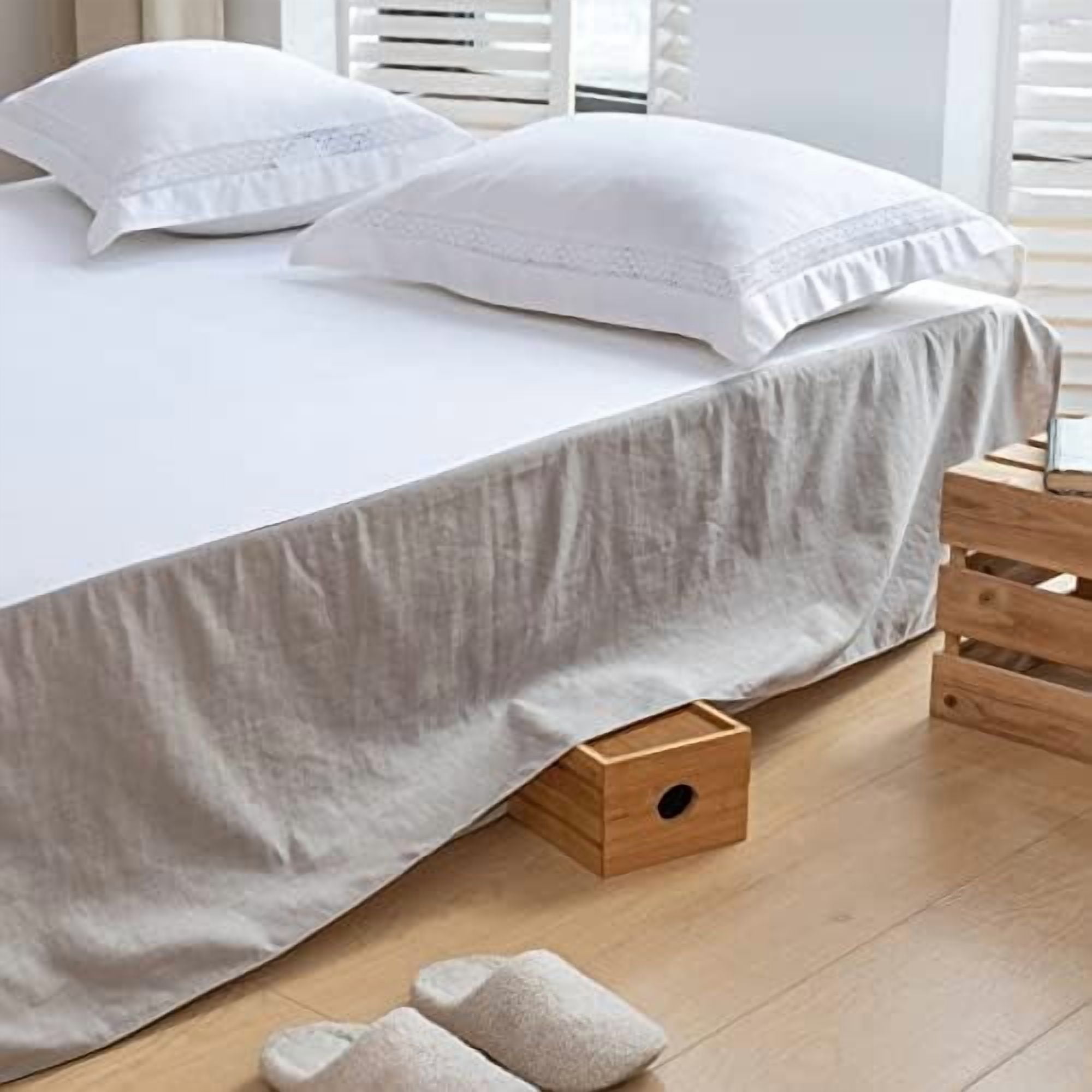 French Linen Bed Skirt with Pleated Corner 14-Inch Tailored Drop Natural Flax Cotton Blend Basic Dust Ruffle Soft Cozy Farmhouse Bedding (14" King, Basic Grey)