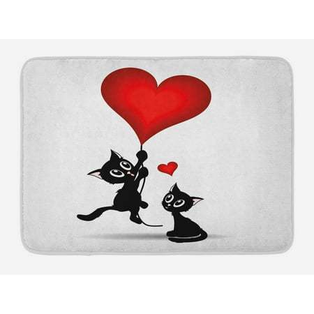 Valentines Day Bath Mat, Baby Cat Holding Heart Shaped Baloons Romantic Love Themed Illustration, Non-Slip Plush Mat Bathroom Kitchen Laundry Room Decor, 29.5 X 17.5 Inches, Vermilion Black,