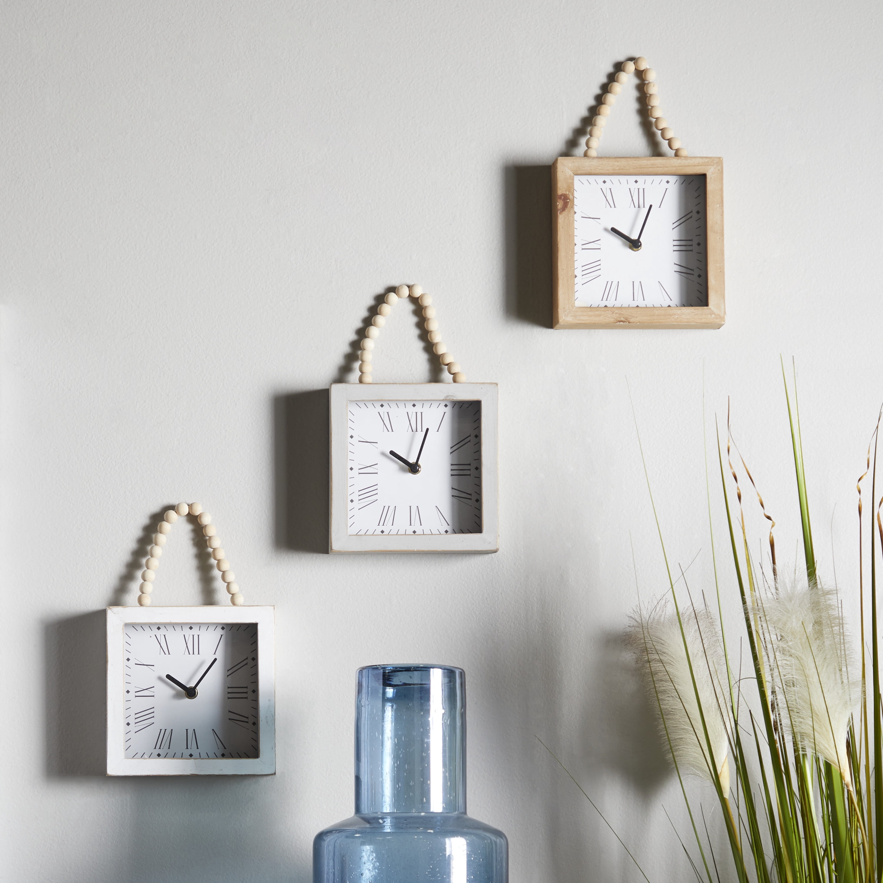 DecMode 7"W, 12"H White Wood Wall Clock with Rope Strap (3 Count)