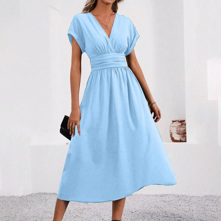 Ryrjj Women's Summer Dresses Elegant Casual Short Sleeve Wrap V-Neck A-Line Loose Fit Swing Cocktail Party Midi Dress(Sky Blue,S), Size: Small Ryrjj Women's Summer Dresses Elegant Casual Short Sleeve Wrap V-Neck A-Line Loose Fit Swing Cocktail Party Midi Dress(Sky Blue,S), Size: Small