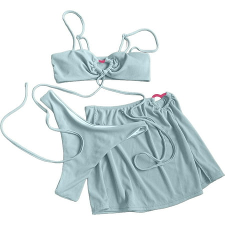 Oplxuo Sexy Strappy Padded Bikini Sets for Women 3 Piece Swimsuits with Cover Up Mini Skirt Beach Bathing Suit