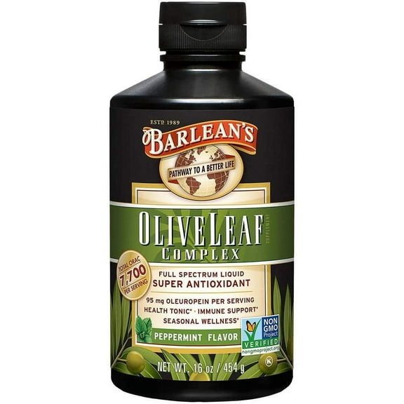 Barlean's All Natural Olive Leaf Complex Liquid with 7,700 ORACr and Liquid 95 mg Oleuropein - Non-GMO, Sustainably Sourced, Kosher - 16 oz