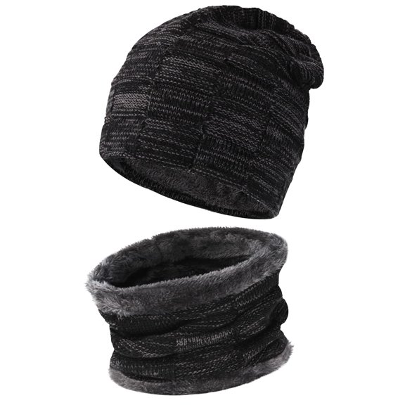GRNSHTS 2-Pieces Winter Beanie Hat Scarf Set Thick Fleece Lined Warm Knit Ski Hats Skull Cap for Men & Women ,Black