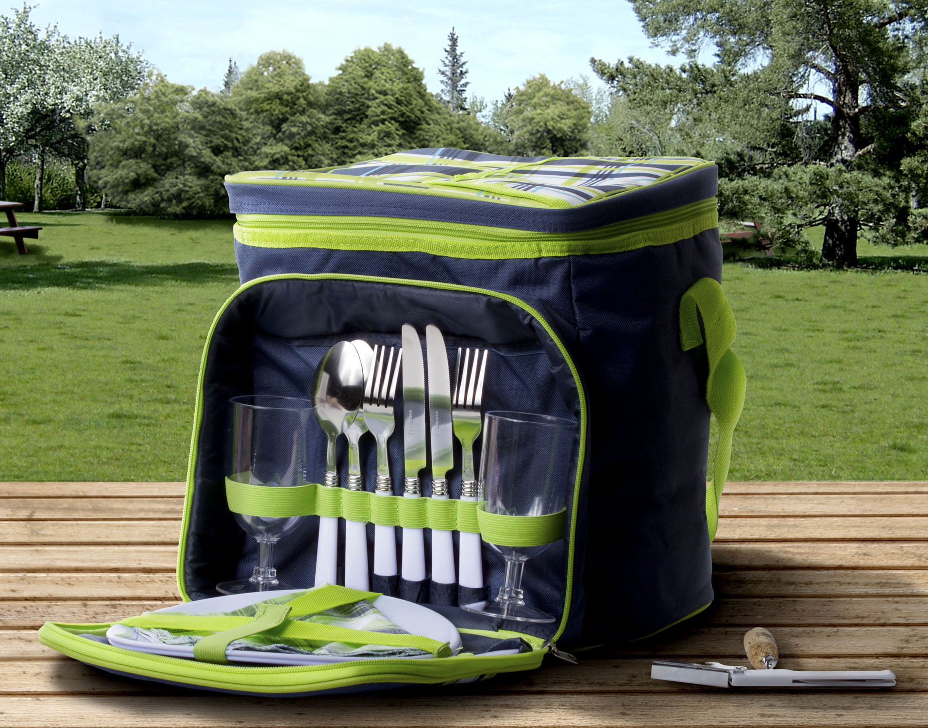 Insulated Picnic Backpack Set Lunch Tote Cooler Basket w/ Utensils and Plates 