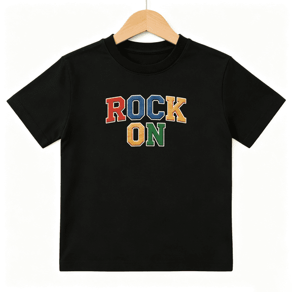 Rock On Boys Graphic Tee, Retro College Varsity Style Text 100% Cotton Kids Short Sleeve T-Shirt