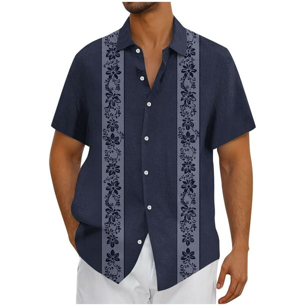 Mens Casual Botón Arriba Camisas Manga Corta Vintage Boliche Cuba Playa Camisas de Verano Botón Arriba