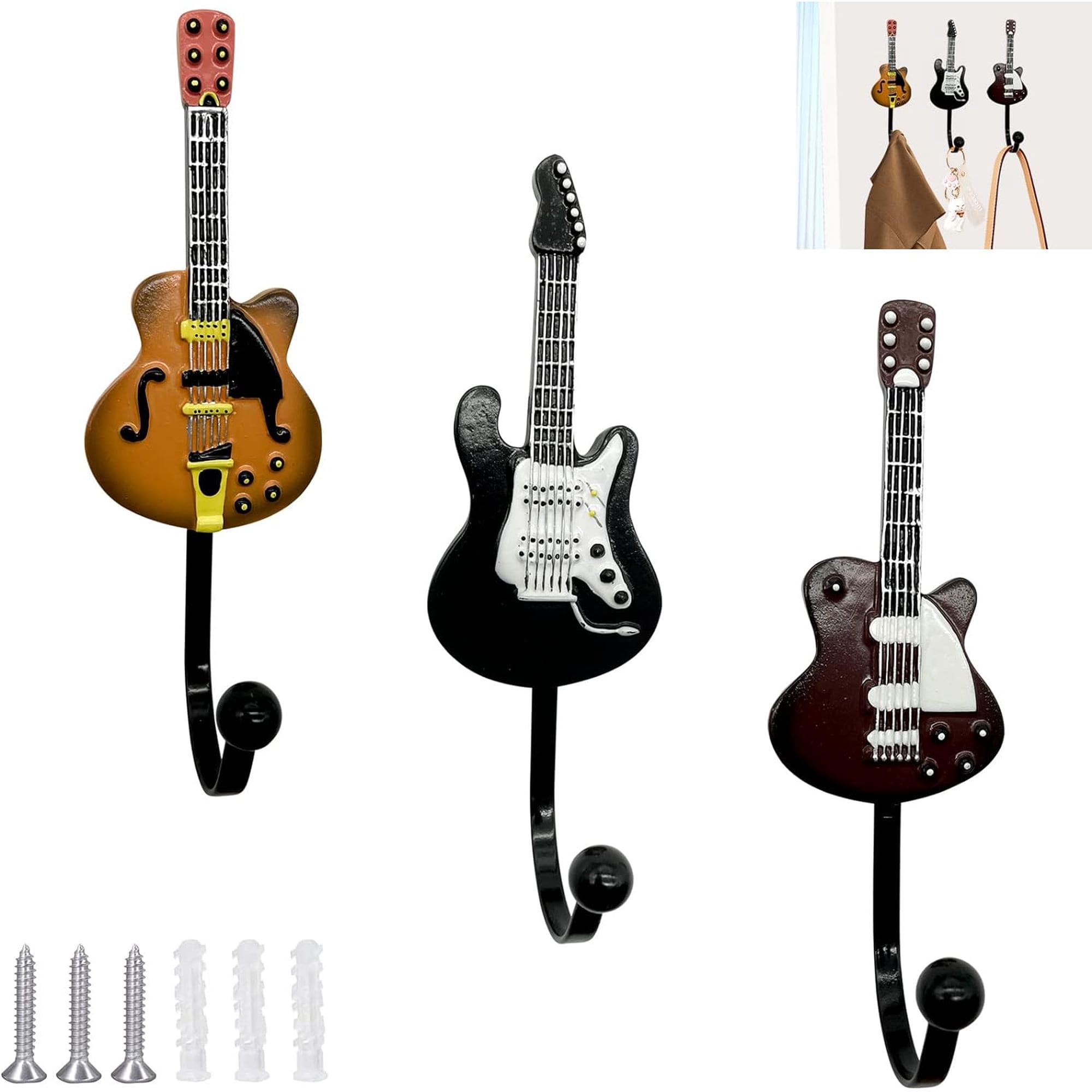 Gifts for Music Lovers Guitar Music Decor Decorative Hooks for Wall Hanging Clothes Coats Towels Keys Hats Wall Mounted Heavy Duty (3-Pack)