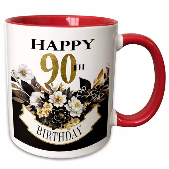 3drose, Elegant Black and Image of Gold Flowers Happy 90th Birthday, 11oz Two-tone Red Mug