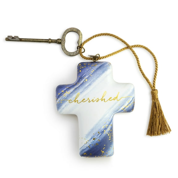 Demdaco Cherished Blue Stripe 4.5 x 3.5 Resin Stone Artful Cross Token