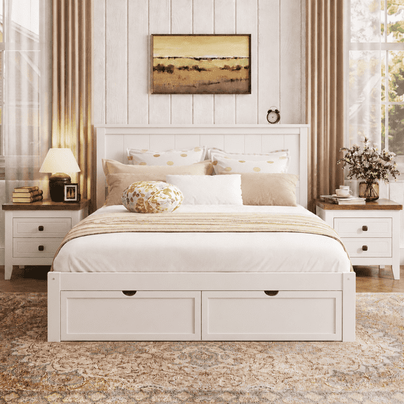 Full Size Bed Frame with Storage, UHOMEPRO Full Bed with Headboard and Under-Bed Storage Drawers, Easy Assembly Sturdy Platform Bed Frame, Space Saving, No Box Spring Needed, White